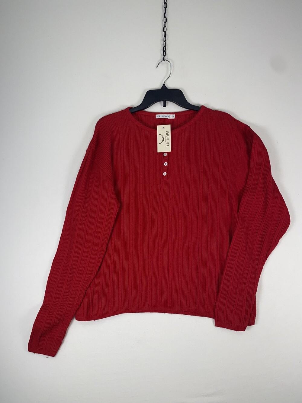 Erik Stewart Sweater Womens Large Red Henley 100% Cotton Knit Top Long Sleeve